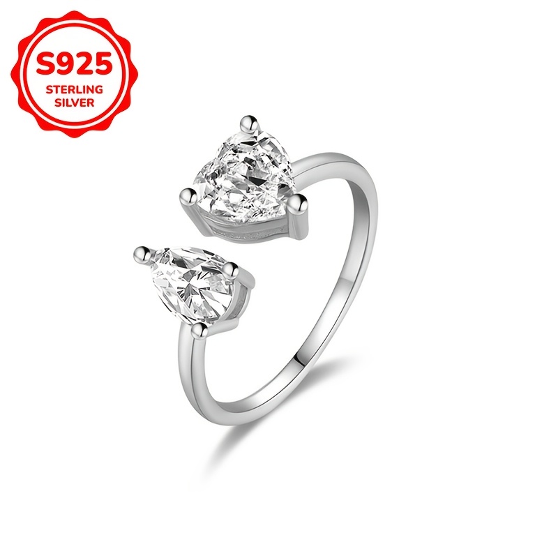 925 Sterling Silver Inlaid Synthetic Zirconia Heart-Shaped Open Ring